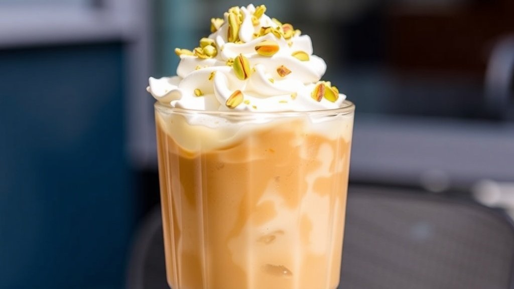 A tall glass of Vanilla Pistachio Cream Iced Coffee topped with whipped cream and crushed pistachios, served with ice.