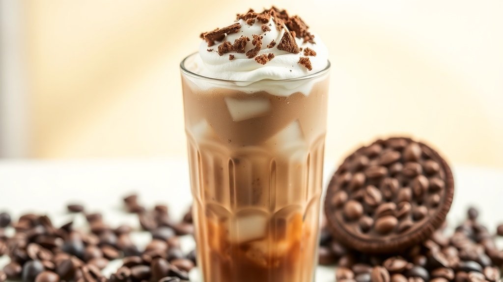 A glass of mocha fudge cookie iced coffee topped with whipped cream and chocolate shavings.