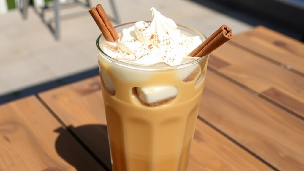 A glass of iced coffee with honey and spices, garnished with a cinnamon stick, on a wooden table.