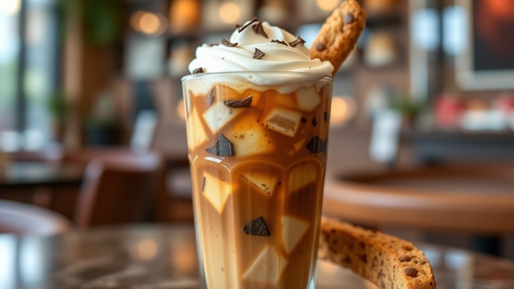 Iced coffee with whipped cream and chocolate shavings, served with biscotti in a cozy café setting.