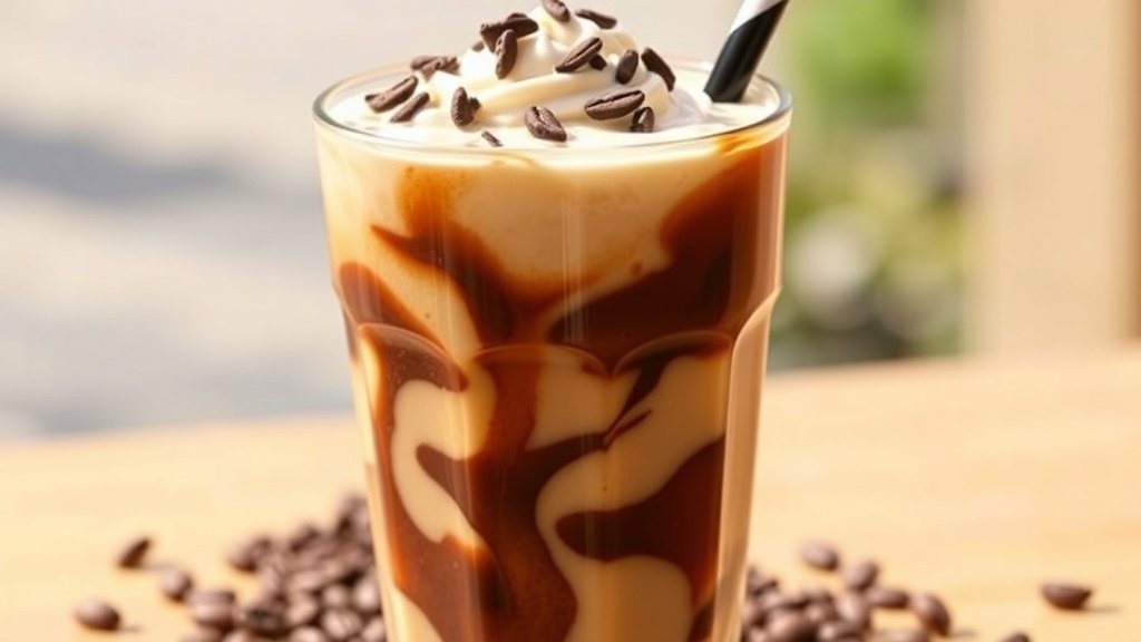 A glass of iced coffee with mocha cream swirl, garnished with chocolate shavings, in a sunny outdoor setting.