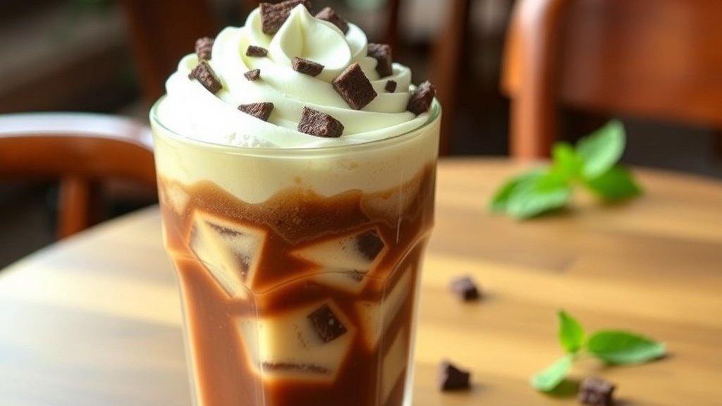 A glass of Chocolate Mint Brownie Iced Coffee topped with whipped cream and brownie pieces, served on a wooden table.