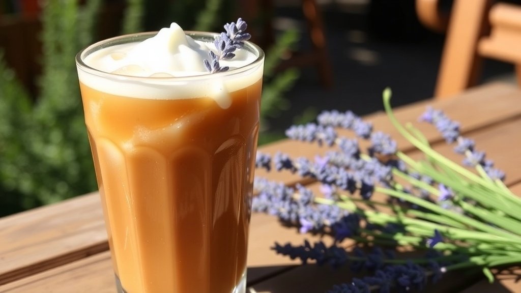 A glass of iced coffee with honey and lavender, garnished with lavender sprigs, on a sunny table.