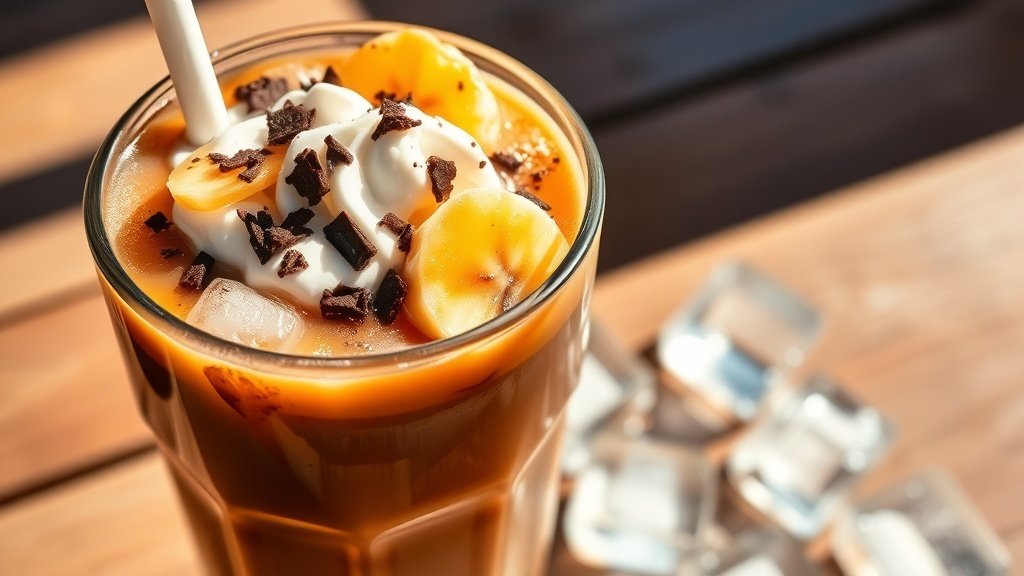 Iced coffee with caramelized bananas, whipped cream, and chocolate shavings on a wooden table.