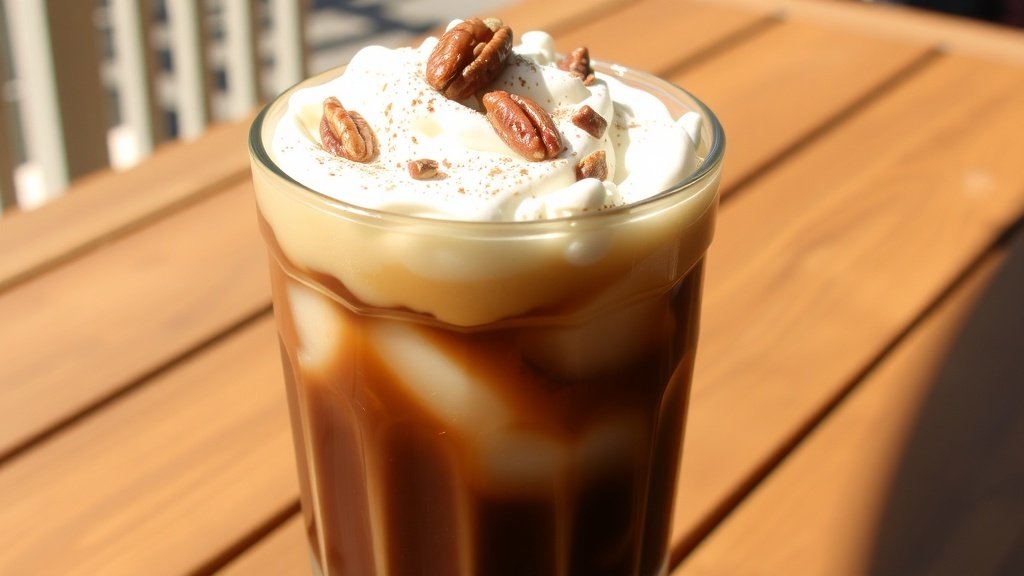 A glass of iced coffee with whipped cream and pecans on a wooden table in a sunny setting.