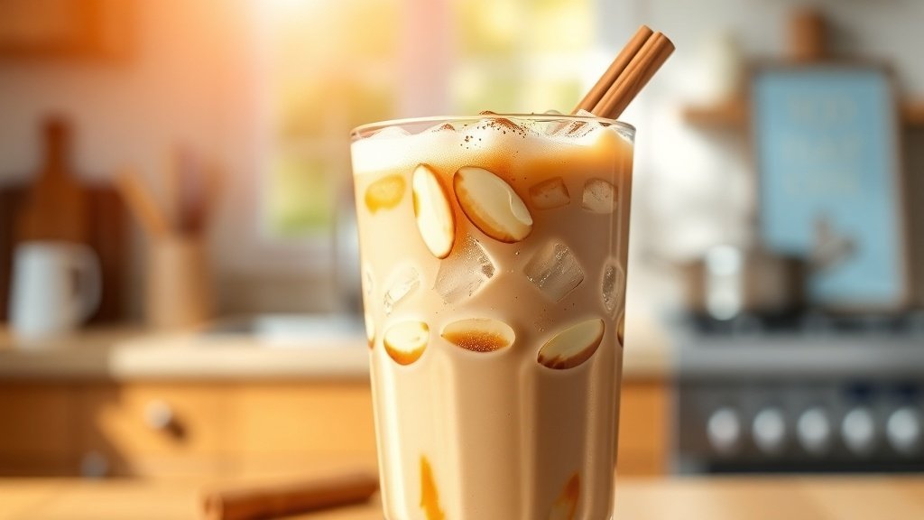 A glass of cinnamon almond cream iced coffee with ice, garnished with almond slices and a cinnamon stick.