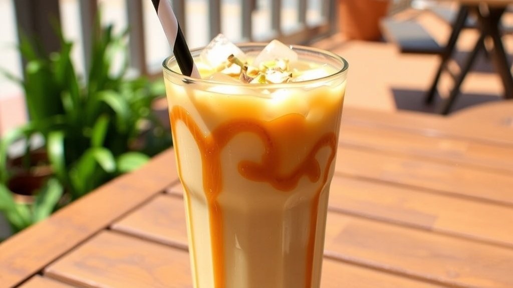 A glass of pistachio caramel iced coffee with ice, caramel drizzle, and pistachio garnish on a wooden table.