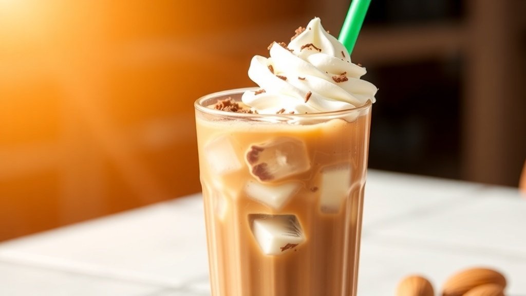 A glass of iced mocha coffee with whipped cream and chocolate shavings, served on a sunny table.