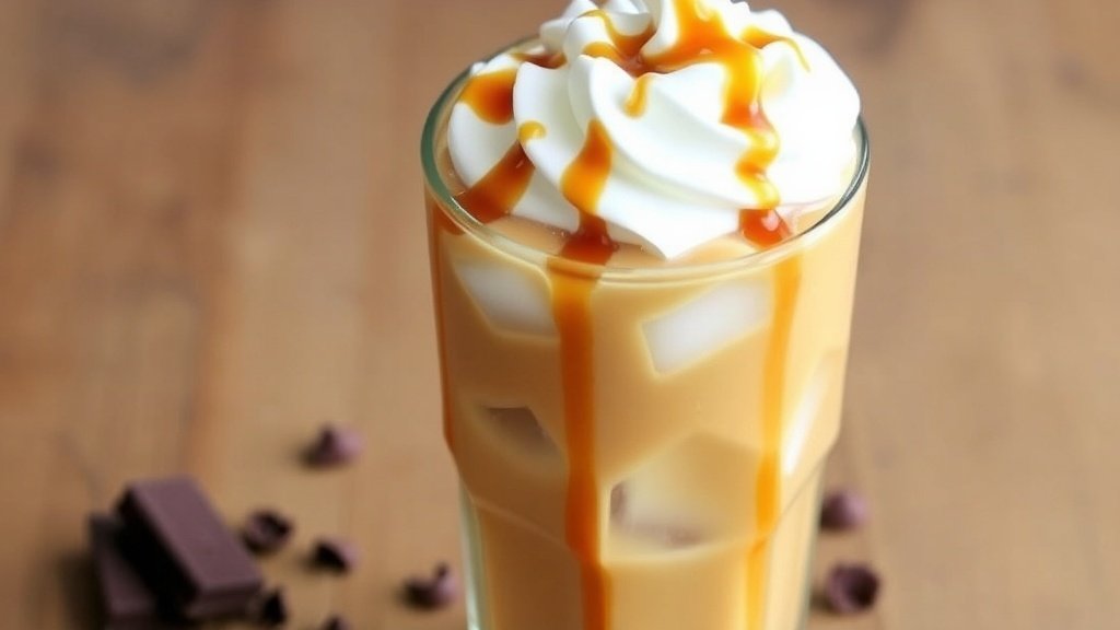 A glass of iced coffee topped with whipped cream and caramel syrup, served with chocolate shavings.