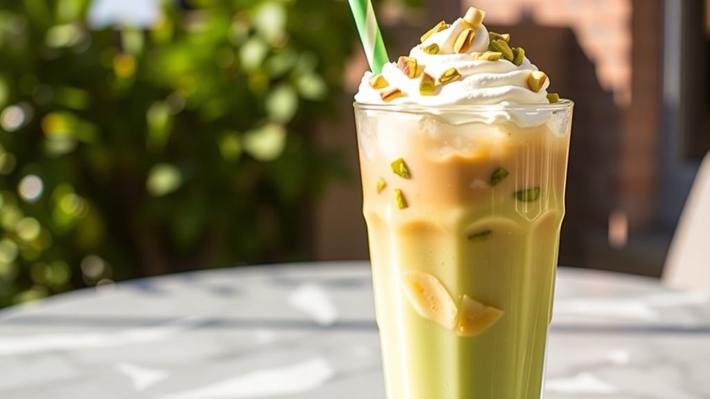 A glass of iced coffee with pistachio milk, topped with whipped cream and pistachios, in a sunny outdoor setting.