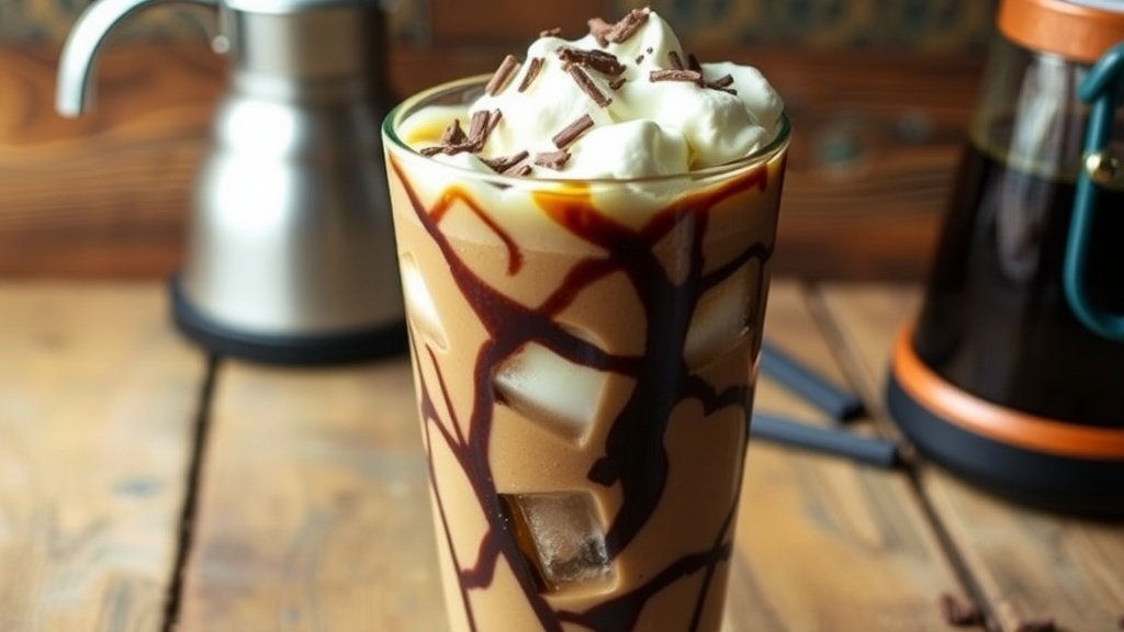 A glass of iced coffee with mocha fudge ripple, topped with whipped cream and chocolate shavings on a wooden table.