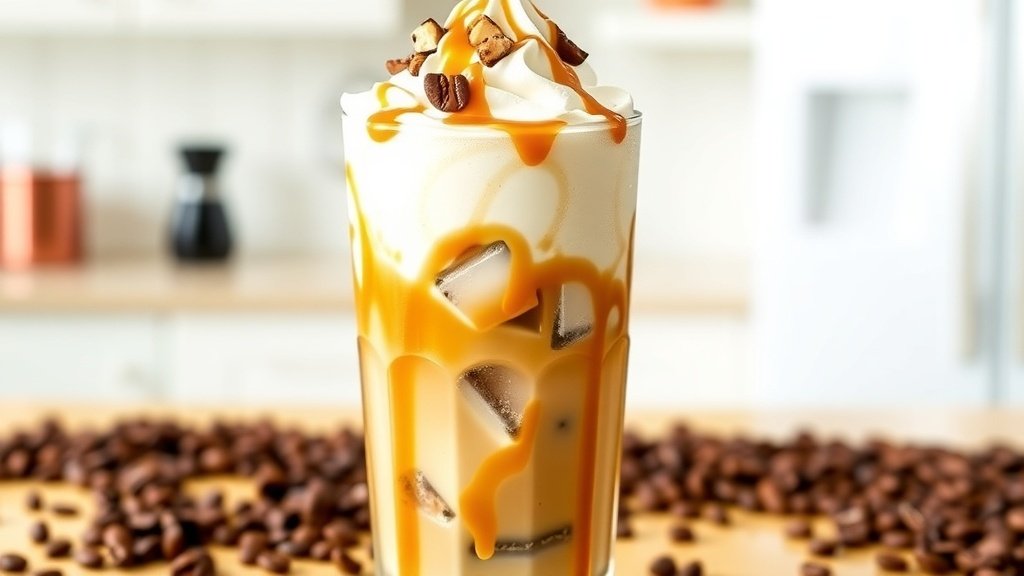 A refreshing glass of iced coffee with almond butter and caramel, topped with whipped cream and almonds.