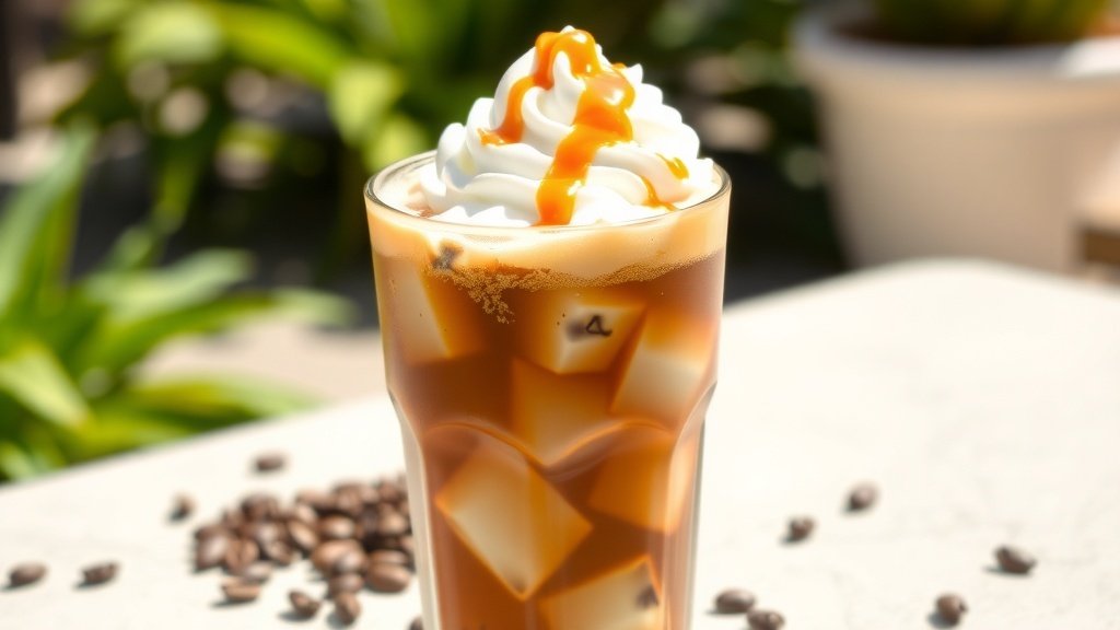 A glass of iced coffee with coconut milk and caramel drizzle, topped with whipped cream and coconut, set in a bright outdoor setting.