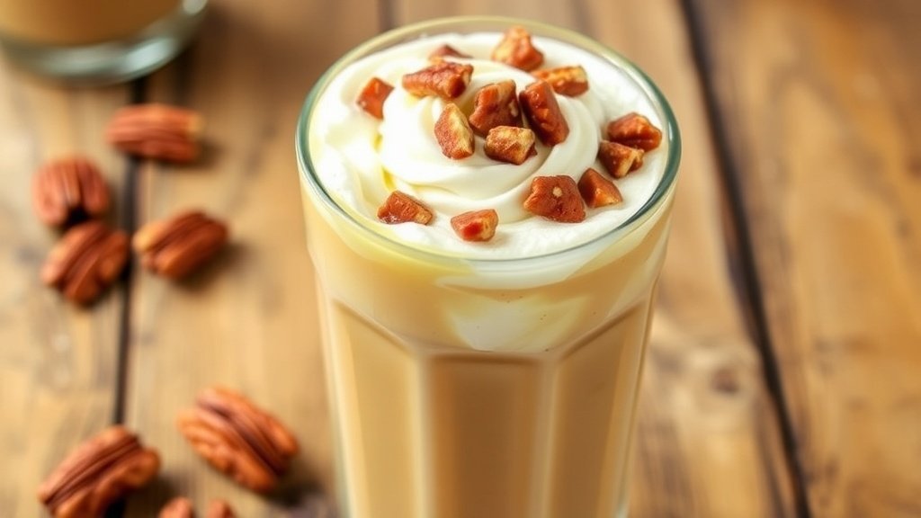 A glass of iced coffee latte with whipped cream and toasted pecans on a wooden table.