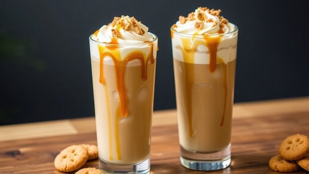 Two glasses of iced coffee topped with whipped cream, biscotti, and caramel syrup on a wooden table.