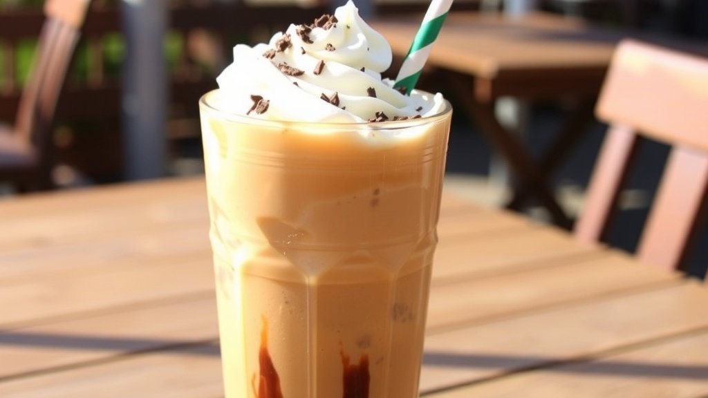 A glass of iced coffee with hazelnut and vanilla cream, topped with whipped cream and chocolate shavings, on a sunny table.