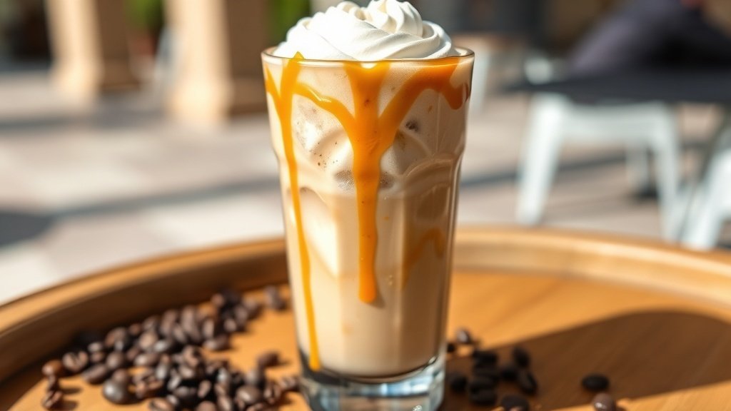 A glass of iced coffee with caramel swirl, topped with whipped cream and caramel drizzle, set outdoors.