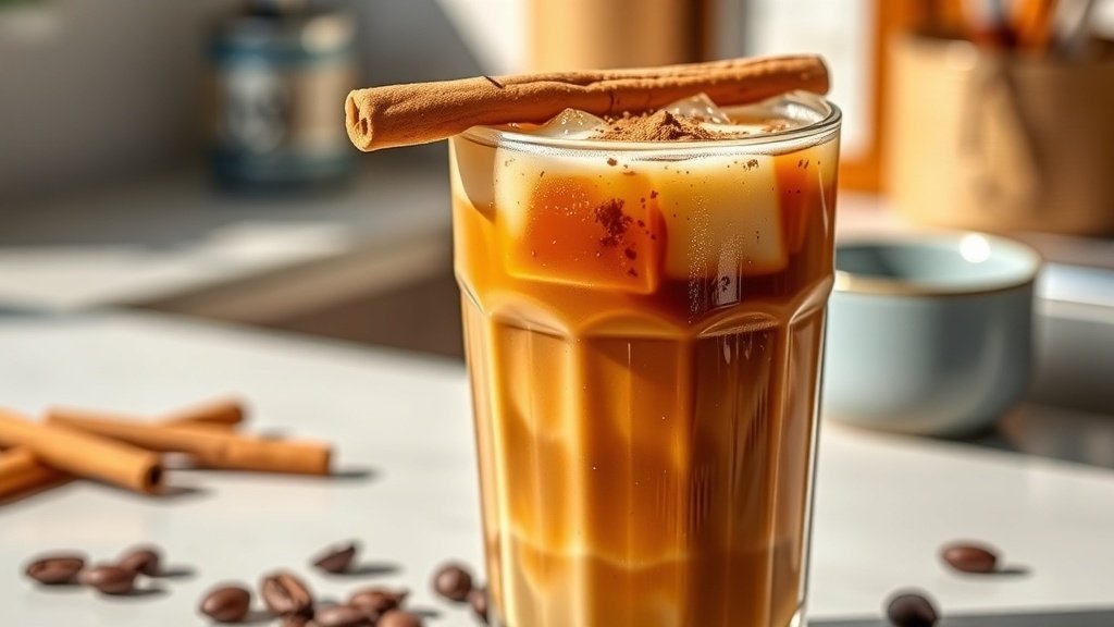 A glass of cinnamon oat milk iced coffee with ice, garnished with a cinnamon stick and coffee beans.