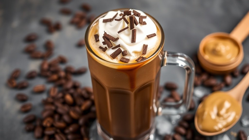 A glass of iced coffee with chocolate and almond butter, topped with whipped cream and chocolate shavings.