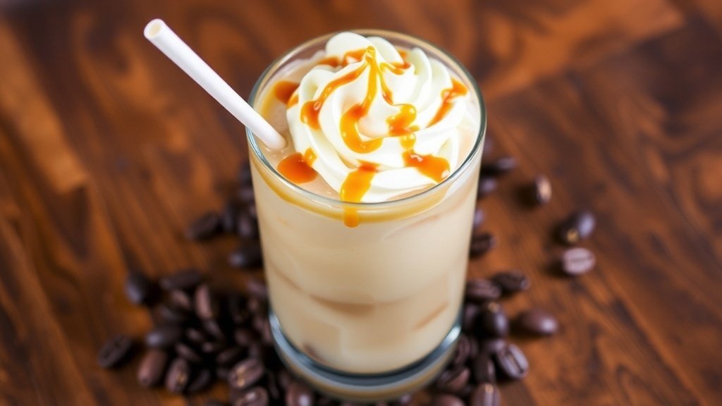 A glass of iced coffee with brown sugar cream and whipped cream, garnished with caramel syrup, on a wooden table.