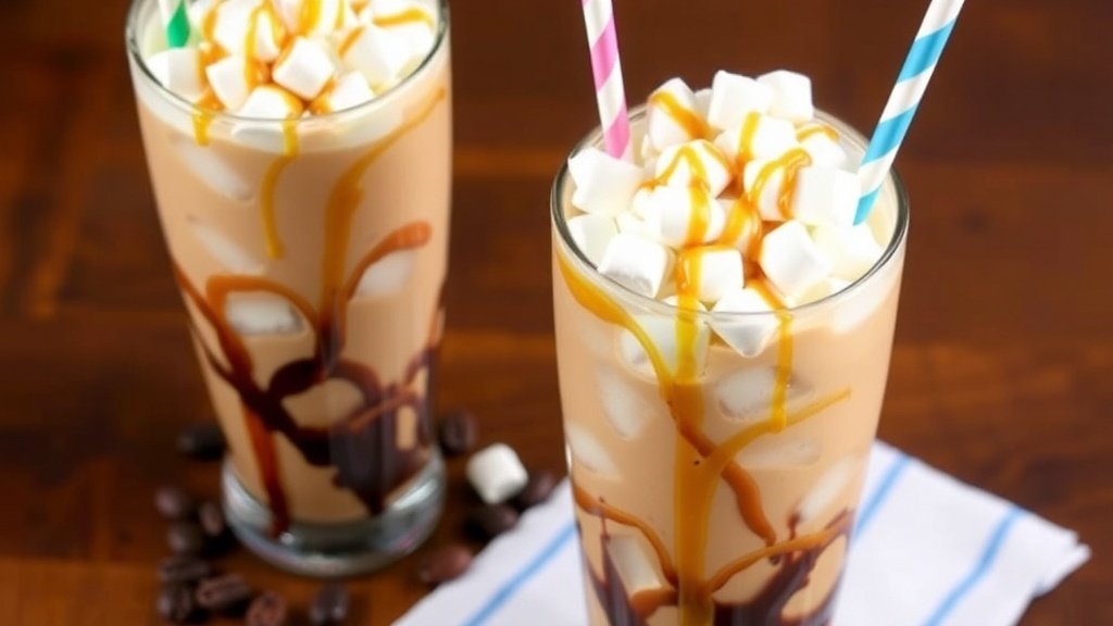 Two glasses of iced coffee topped with whipped cream, marshmallows, and caramel sauce on a wooden table.