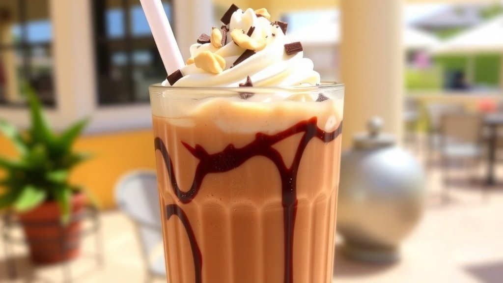 A tall glass of iced coffee with mocha and peanut fudge flavors, topped with whipped cream and garnished with chocolate shavings.
