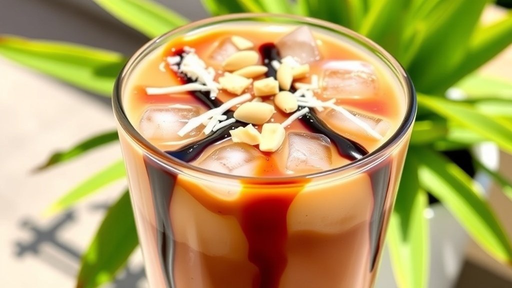 A glass of Coconut Almond Joy Iced Coffee with ice, shredded coconut, and almonds, set in a sunny outdoor setting.