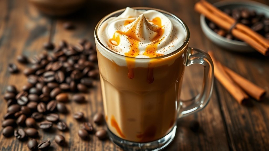A glass of iced coffee with whipped cream, maple syrup, and cinnamon on a wooden table.