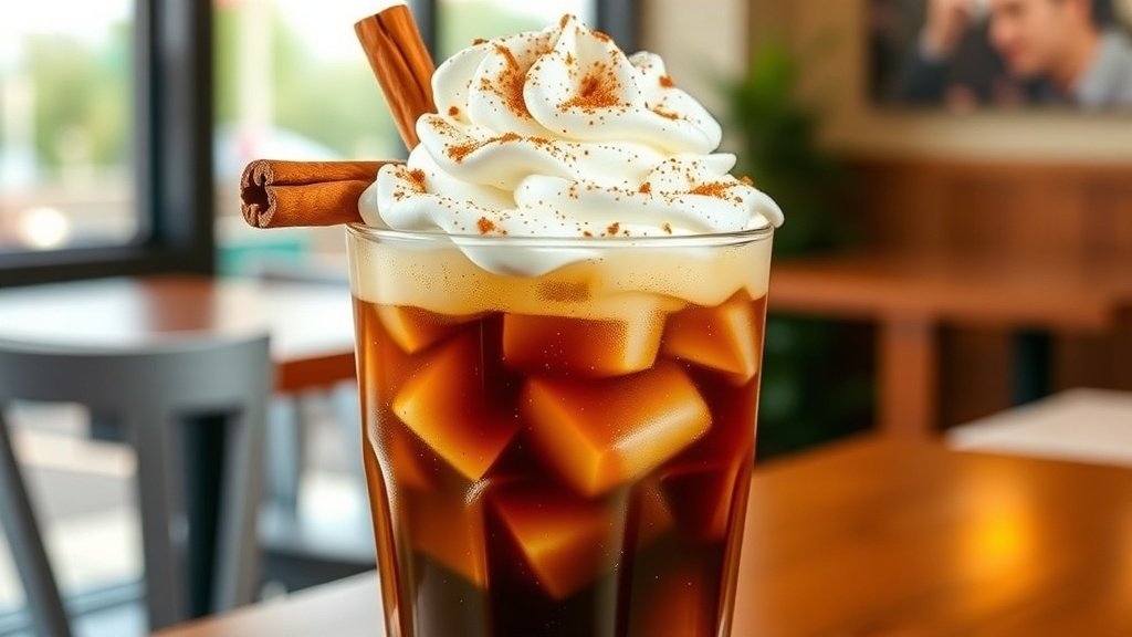 A glass of iced coffee with whipped cream and cinnamon sugar, set in a cozy café atmosphere.