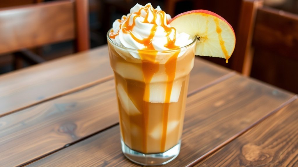 A glass of iced coffee topped with whipped cream and caramel, garnished with an apple slice.