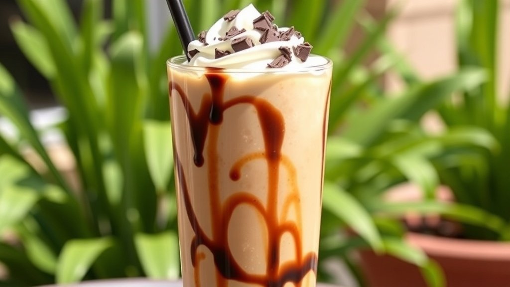 A refreshing glass of Mocha Vanilla Fudge Iced Coffee topped with whipped cream and chocolate shavings.