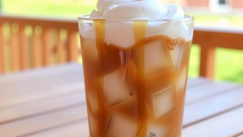 A glass of iced coffee with honey and brown sugar, topped with whipped cream, on a sunny table.