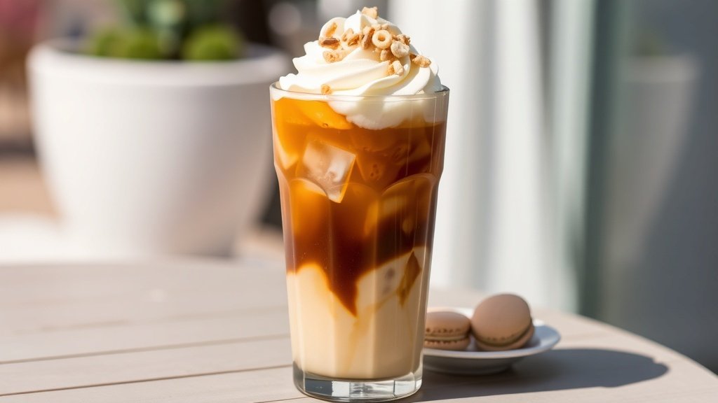 Iced coffee with whipped cream and crushed almond macarons in a clear glass, served outdoors.