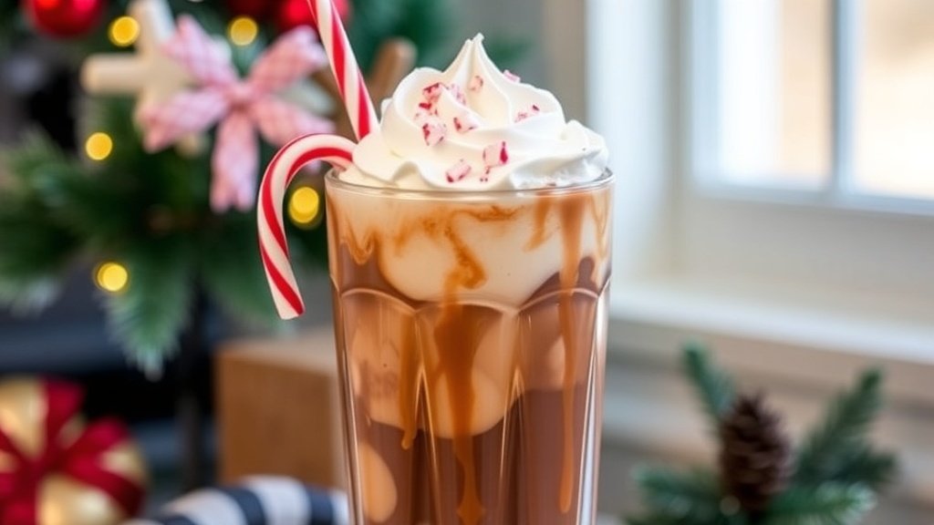 A glass of Mocha Peppermint Crunch Iced Coffee topped with whipped cream and crushed candy canes, set against a festive holiday backdrop.