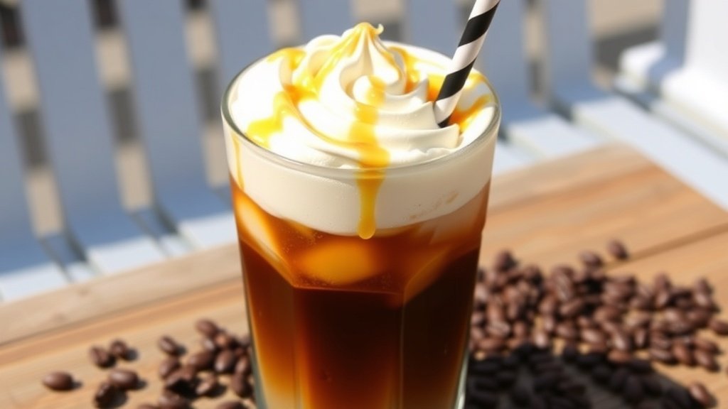 A glass of Vanilla Maple Cream Iced Coffee with whipped cream and maple syrup, surrounded by coffee beans.
