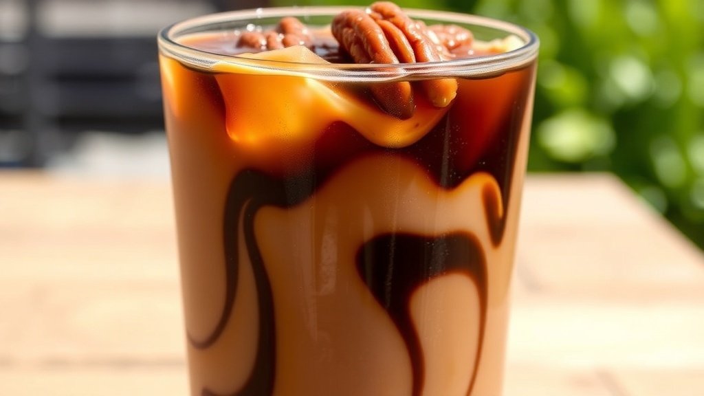 A glass of iced coffee with caramelized pecans on top, served with ice cubes in a sunny outdoor setting.