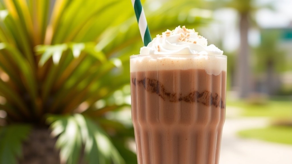 Coconut Mocha Iced Coffee Smoothie in a glass with whipped cream and coconut, set in a tropical outdoor setting.