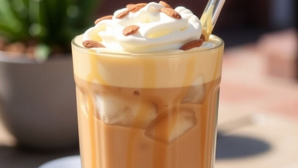 A glass of Vanilla Almond Iced Coffee with whipped cream and almonds, set in a sunny outdoor environment.