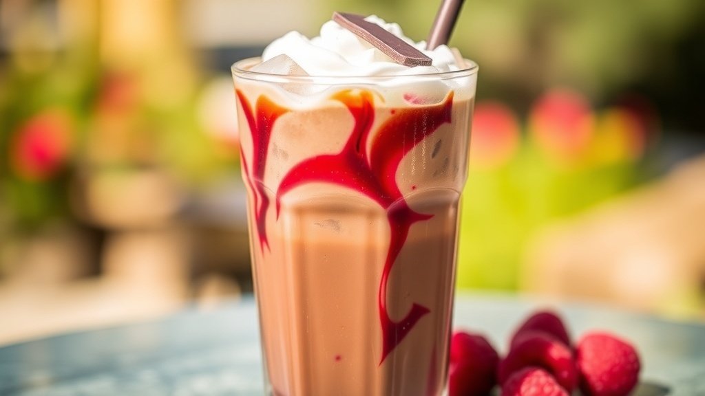 A glass of Chocolate Raspberry Iced Coffee with whipped cream and raspberries, set in a sunny outdoor setting.