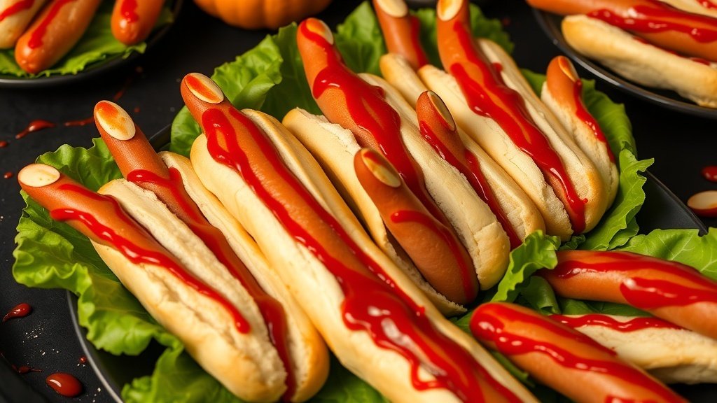 A spooky display of Bloody Finger Hot Dogs with almond nails and ketchup blood, served on a dark table.