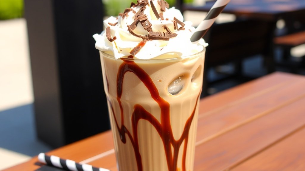 A glass of iced coffee with chocolate and hazelnut flavors, topped with whipped cream and chocolate shavings.