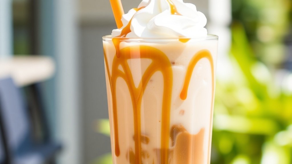 A glass of Caramel Macchiato Iced Coffee with layers of milk and espresso, topped with caramel and whipped cream, on a sunny table.