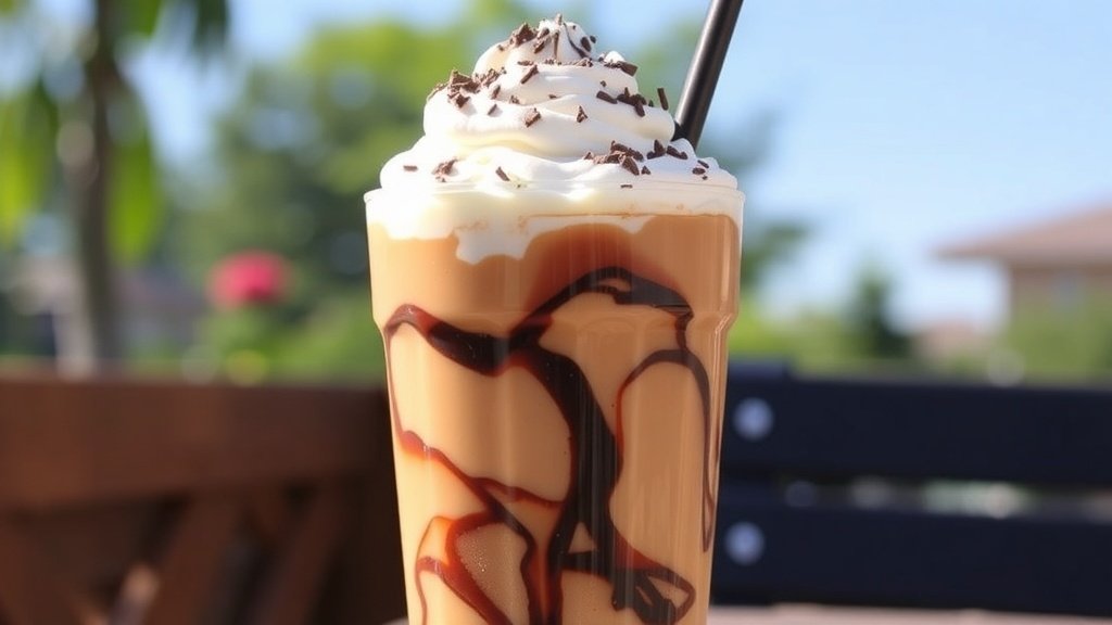A glass of Nutella Swirl Iced Coffee Treat with whipped cream and chocolate shavings, served over ice.