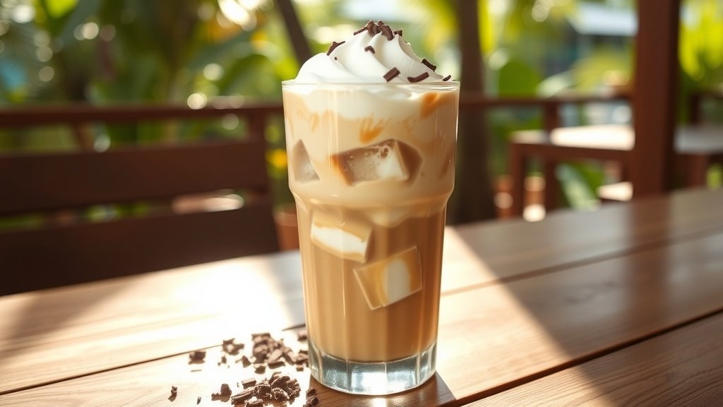 A glass of iced coffee with coconut cream, garnished with shredded coconut and chocolate shavings.