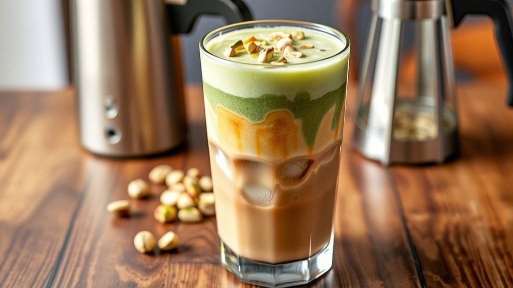 A glass of pistachio cream iced coffee topped with cream and chopped pistachios on a wooden table.