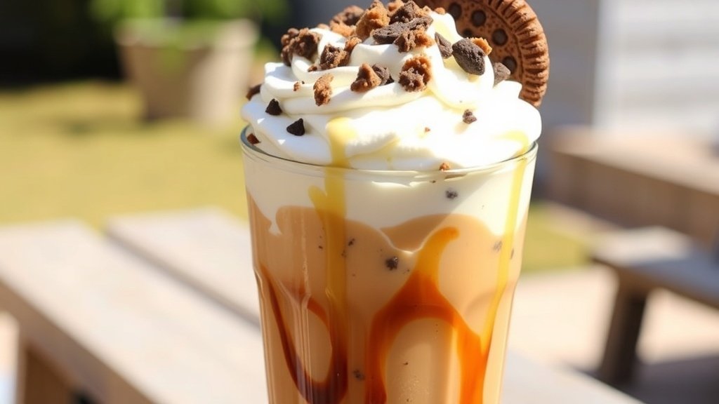 A glass of iced coffee with whipped cream and cookie crumbles on top, set in a sunny outdoor environment.