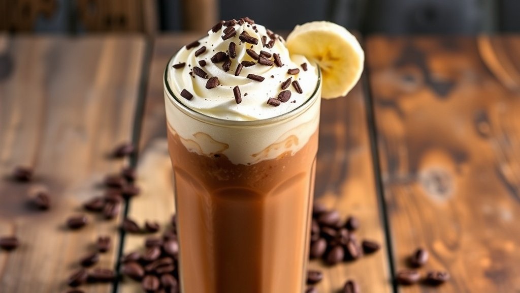 Chocolate Banana Iced Coffee Shake in a tall glass, topped with whipped cream and chocolate shavings, on a wooden table with coffee beans.