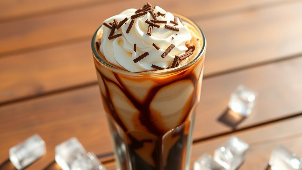 A glass of iced mocha coffee topped with whipped cream and chocolate shavings on a wooden table.