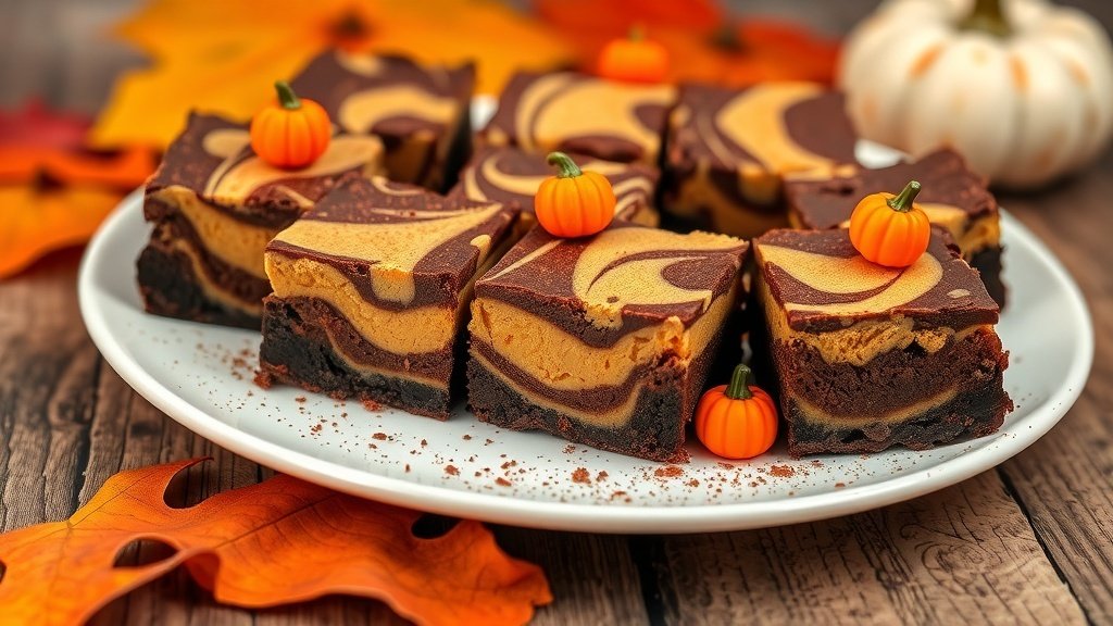 Pumpkin cheesecake brownies on a plate, garnished with cinnamon and candy pumpkins, set on a rustic table.