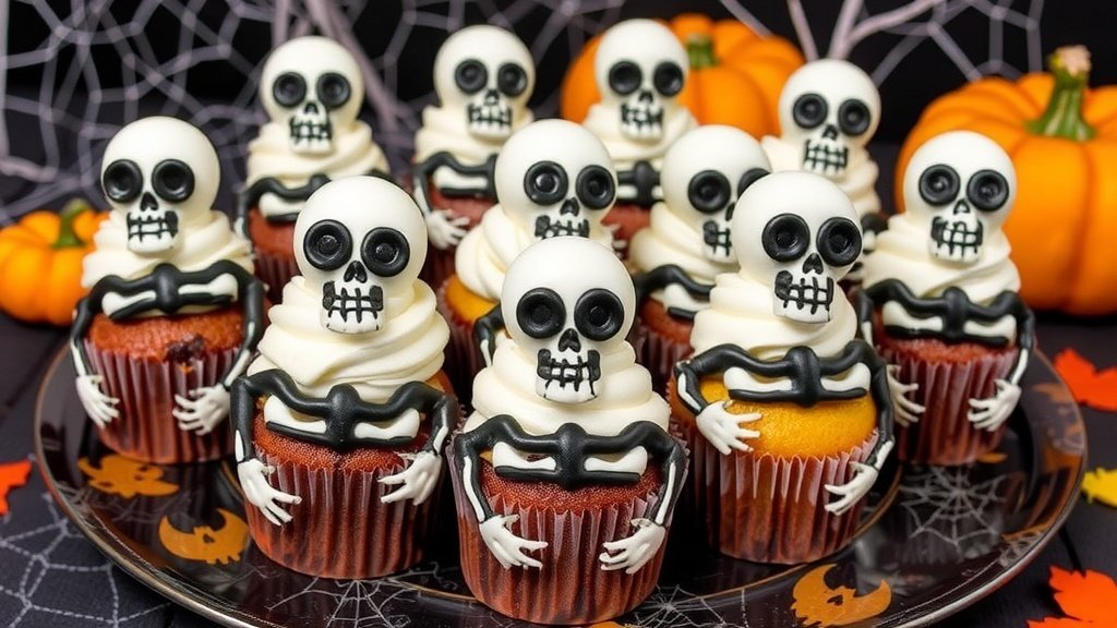 Spooky skeleton cupcakes with white frosting and black candy decorations on a Halloween-themed platter.